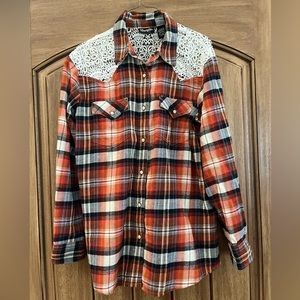 2/$15 Wrangler Retro - Flannel - Pearl Snap - Collared Shirt - Lace Yoke - NWOT